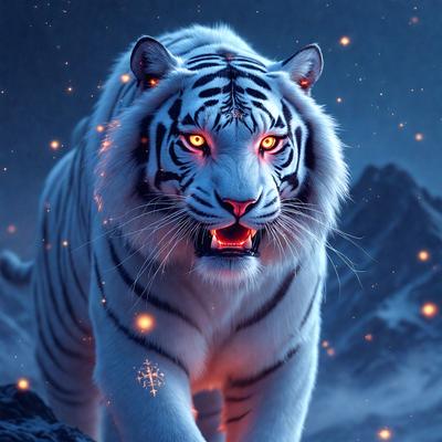 The primary subject of the image is a white tiger with glowing eyes, standing in a dark environment. The tiger appears to be walking towards the viewer, with its mouth open. The setting is a snowy mountain, adding a sense of depth and contrast to the scene. The visual style is a digital art, creating a striking and dramatic representation of the tiger. The colors and mood of the image are predominantly dark, with the glowing eyes of the tiger being the main source of light and